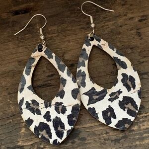 Grey Leopard Cork and Leather Teardrop Earrings - NEW WITH TAGS